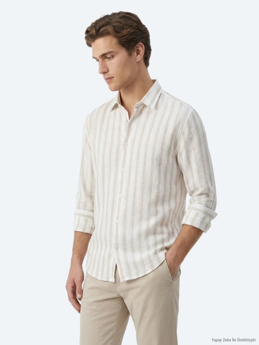 Açık Bej Çizgili Oversize Fit Uzun Dokuma Casual Keten Karışımlı Gömlek - 4