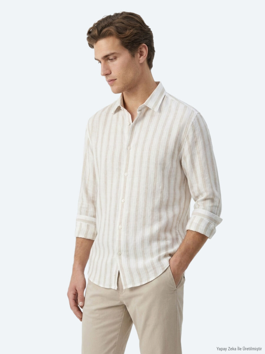 Açık Bej Çizgili Oversize Fit Uzun Dokuma Casual Keten Karışımlı Gömlek - 4