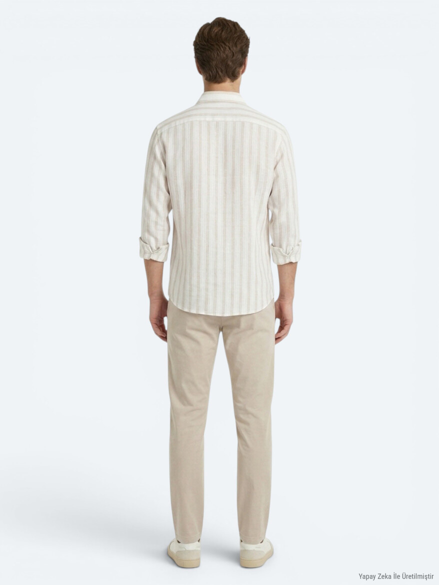 Açık Bej Çizgili Oversize Fit Uzun Dokuma Casual Keten Karışımlı Gömlek - 5