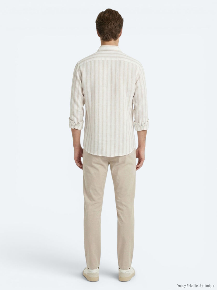 Açık Bej Çizgili Oversize Fit Uzun Dokuma Casual Keten Karışımlı Gömlek - 5
