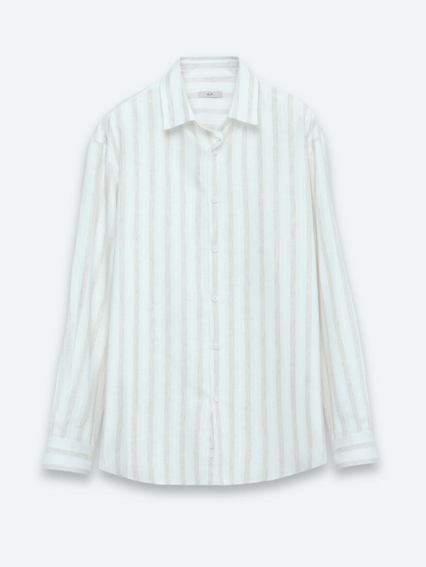 Açık Bej Çizgili Oversize Fit Uzun Dokuma Casual Keten Karışımlı Gömlek - 6