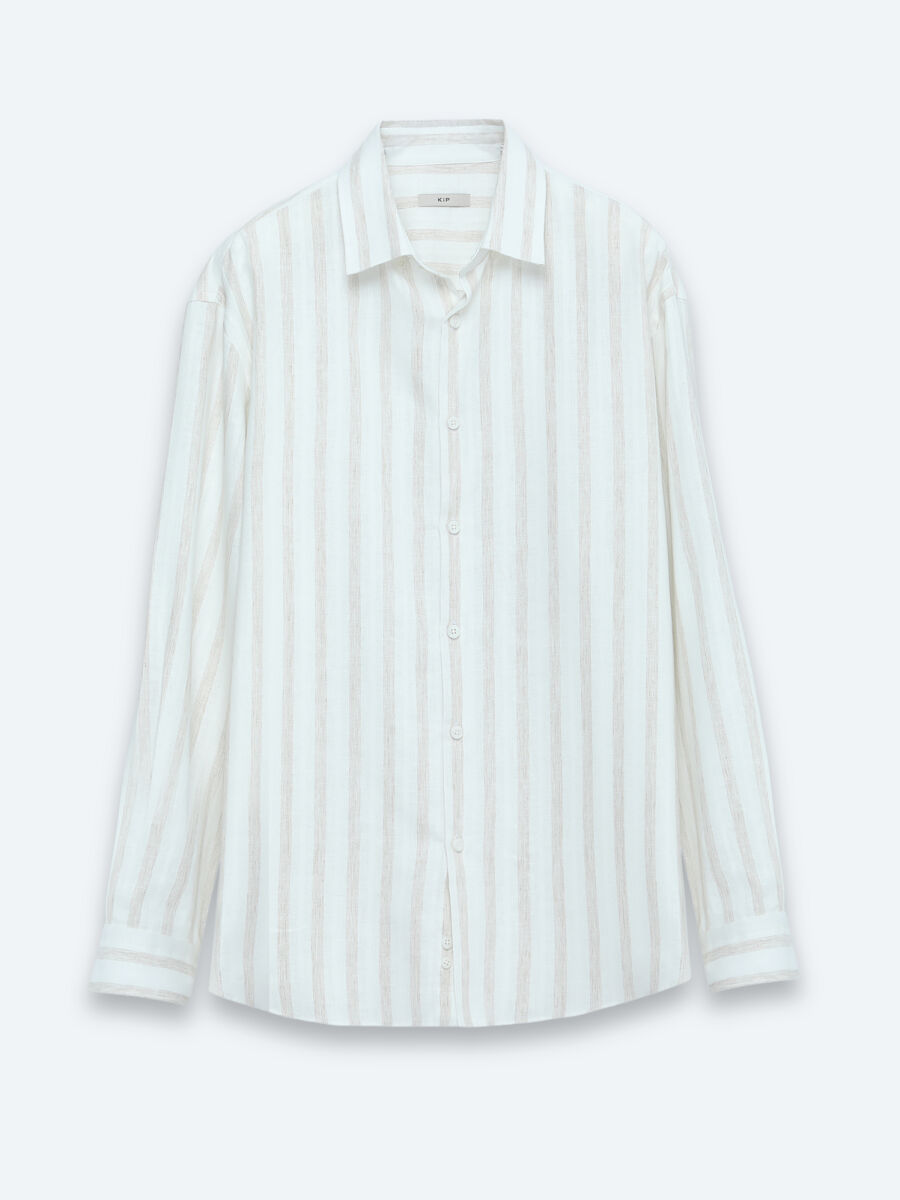 Açık Bej Çizgili Oversize Fit Uzun Dokuma Casual Keten Karışımlı Gömlek - 6