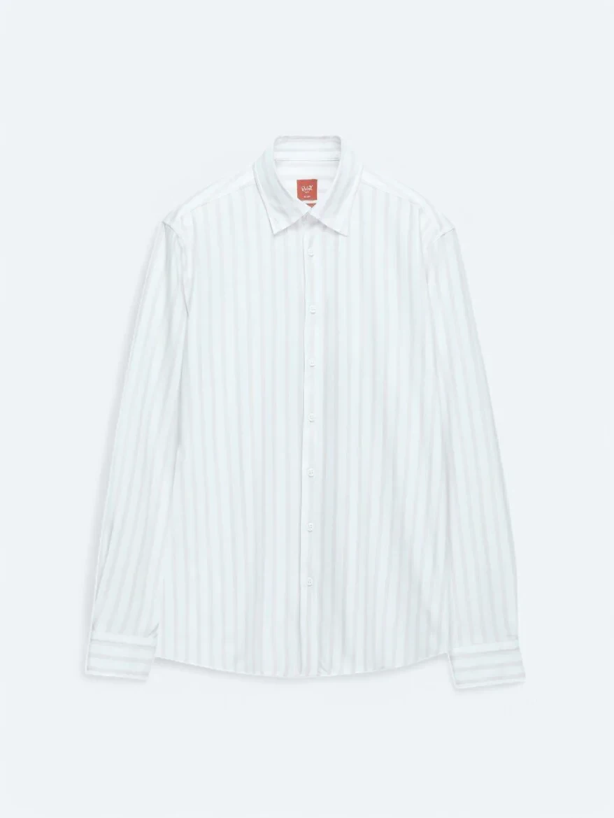 Açık Bej Çizgili Regular Fit Casual Pamuk Karışımlı Gömlek - 6