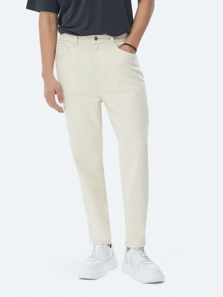 Açık Bej Düz Dokuma Carrot Fit Casual Pamuk Karışımlı Pantolon - 2