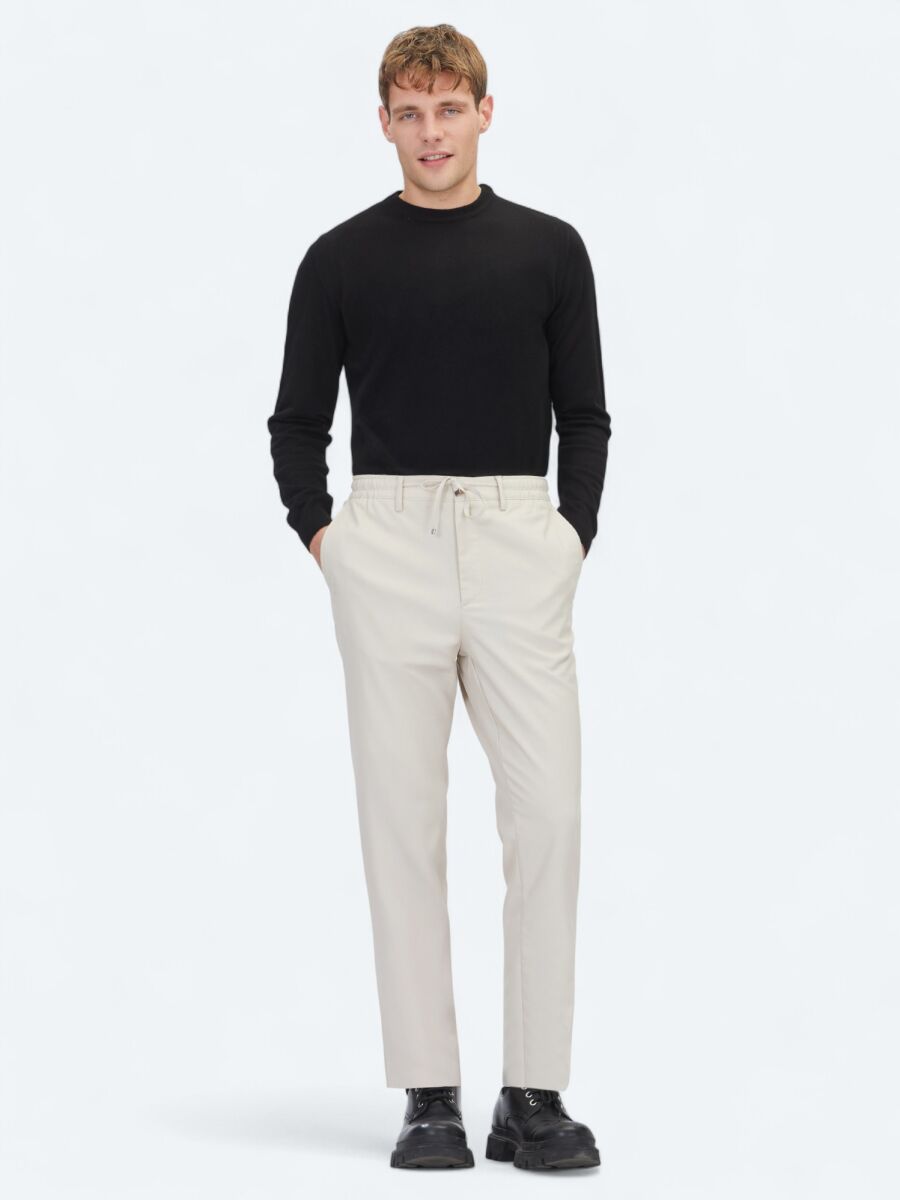 Açık Bej Düz Dokuma Jogging Fit Casual Pantolon - 1