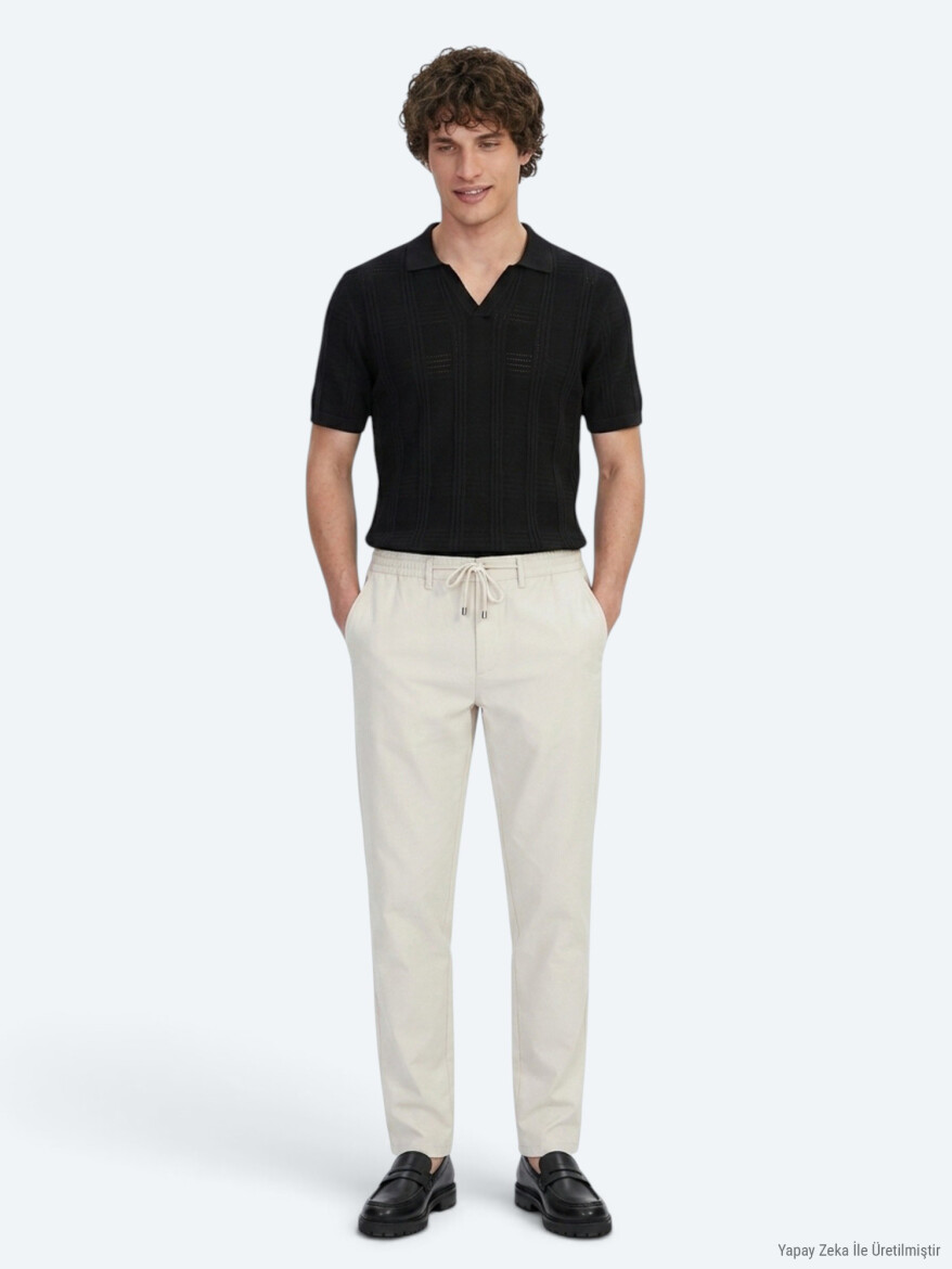 Açık Bej Düz Dokuma Jogging Fit Casual Pantolon - 4