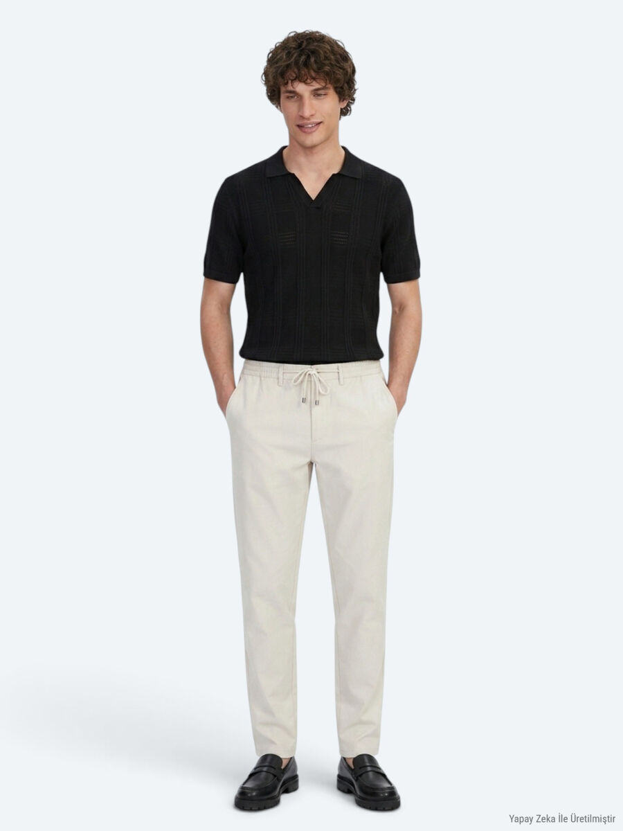 Açık Bej Düz Dokuma Jogging Fit Casual Pantolon - 4