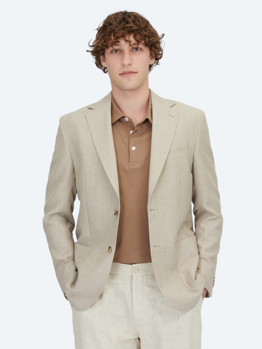 Açık Bej Düz Modern Fit Yün Karışımlı Ceket 