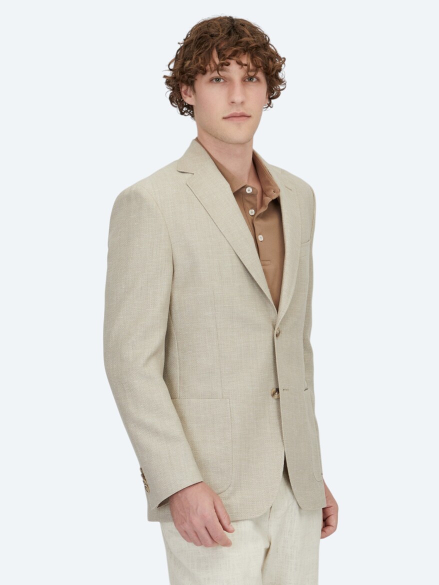 Açık Bej Düz Modern Fit Yün Karışımlı Ceket - 3