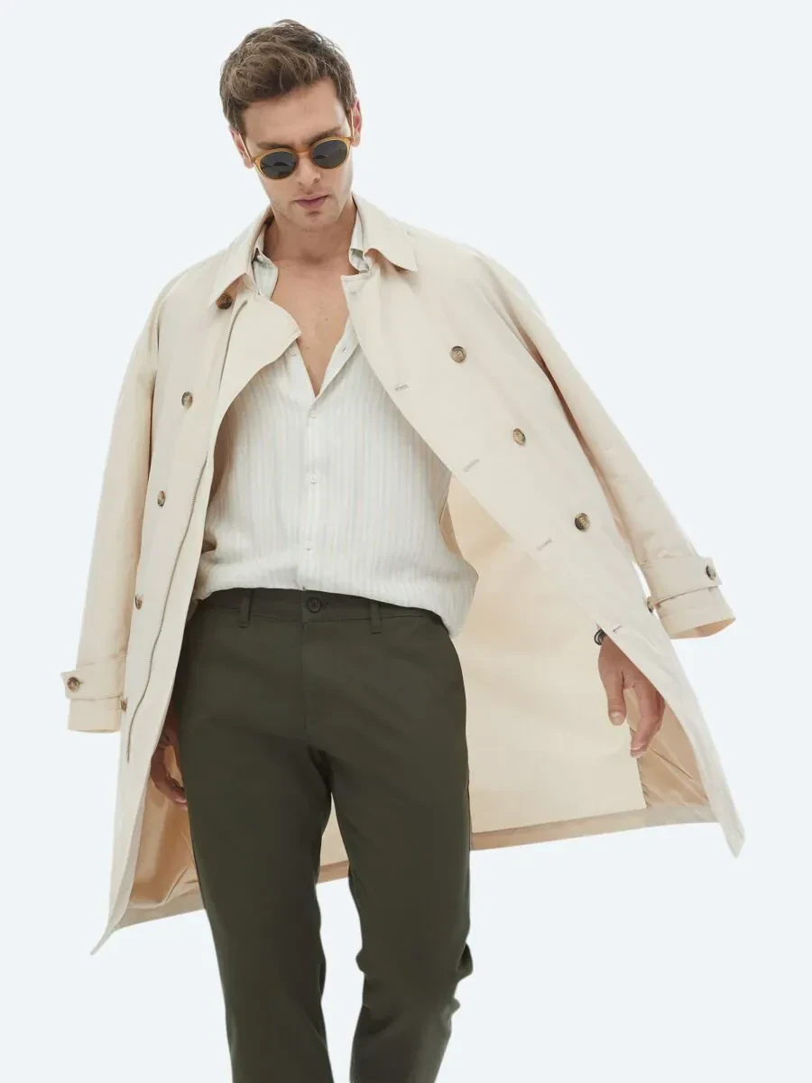 Açık Bej Oversize Fit Kruvaze Yaka Casual Dokuma Pardesü - 1