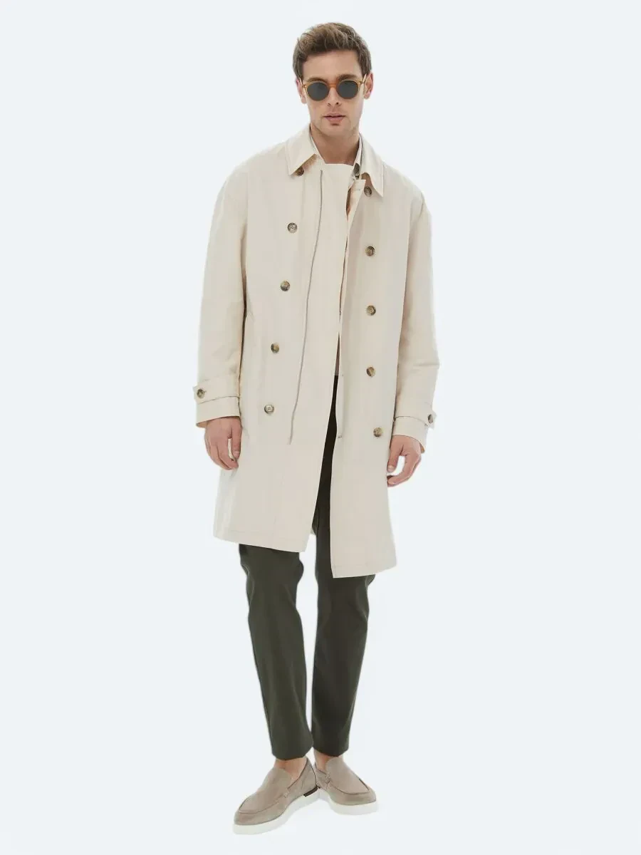 Açık Bej Oversize Fit Kruvaze Yaka Casual Dokuma Pardesü - 2