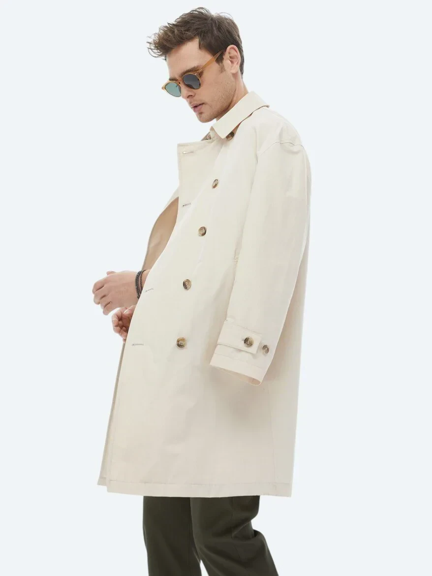 Açık Bej Oversize Fit Kruvaze Yaka Casual Dokuma Pardesü - 3