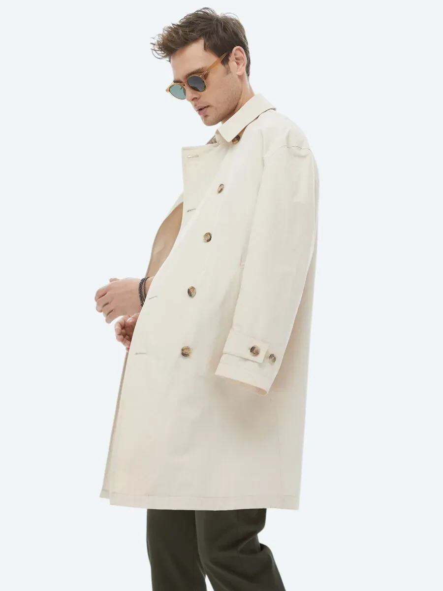 Açık Bej Oversize Fit Kruvaze Yaka Casual Dokuma Pardesü - 3