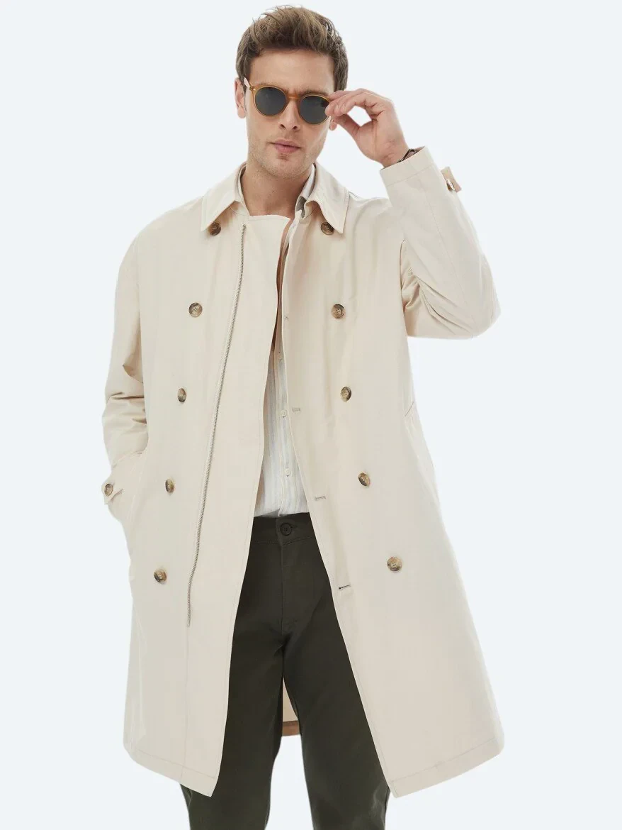 Açık Bej Oversize Fit Kruvaze Yaka Casual Dokuma Pardesü - 5