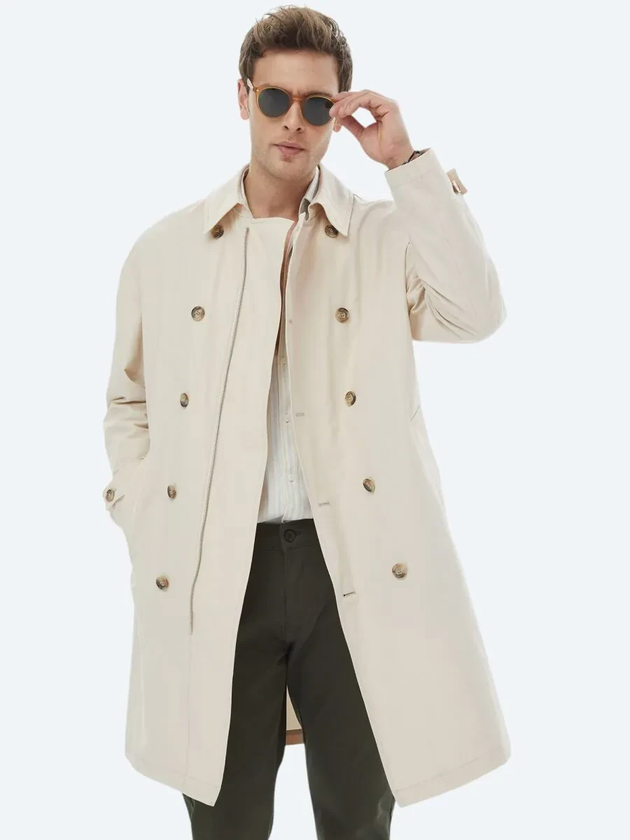 Açık Bej Oversize Fit Kruvaze Yaka Casual Dokuma Pardesü - 5