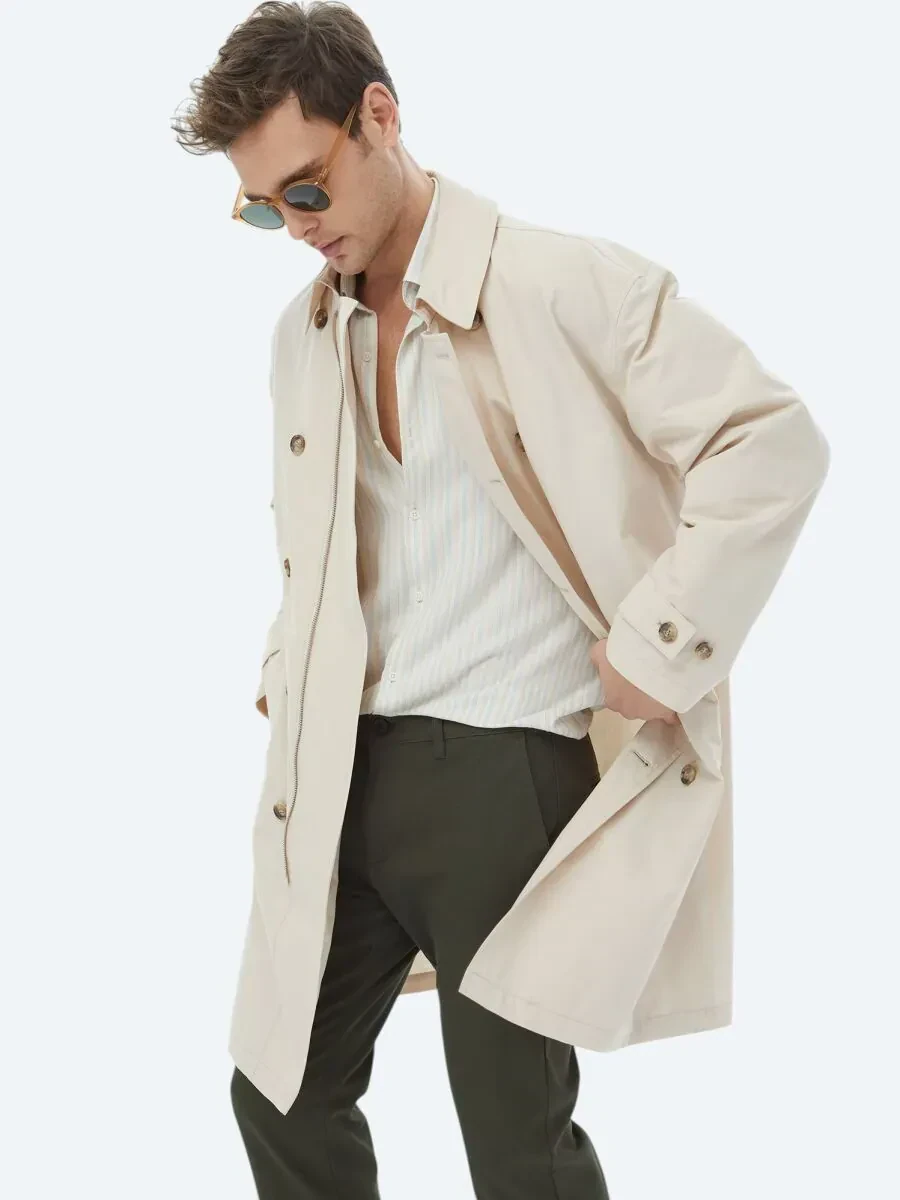 Açık Bej Oversize Fit Kruvaze Yaka Casual Dokuma Pardesü - 6