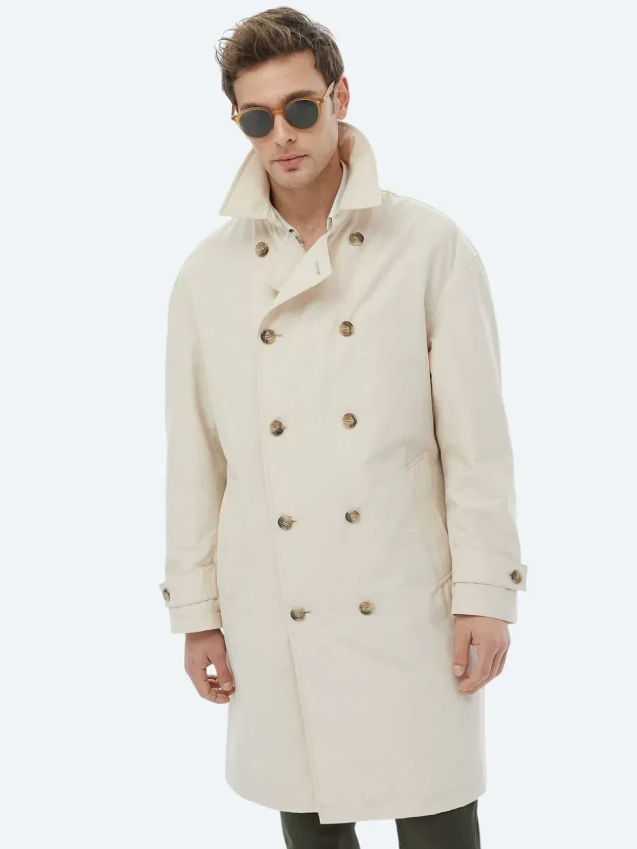 Açık Bej Oversize Fit Kruvaze Yaka Casual Dokuma Pardesü - 7