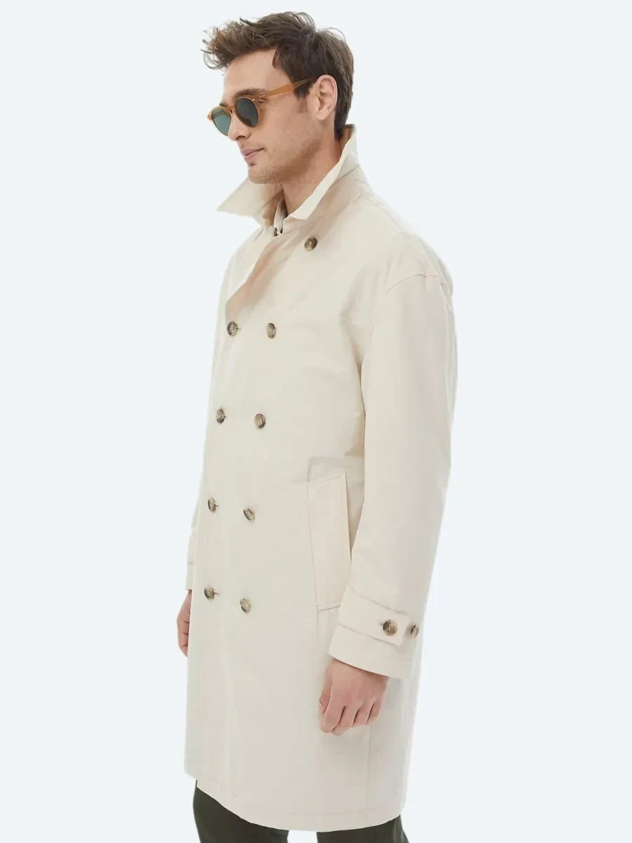 Açık Bej Oversize Fit Kruvaze Yaka Casual Dokuma Pardesü - 8