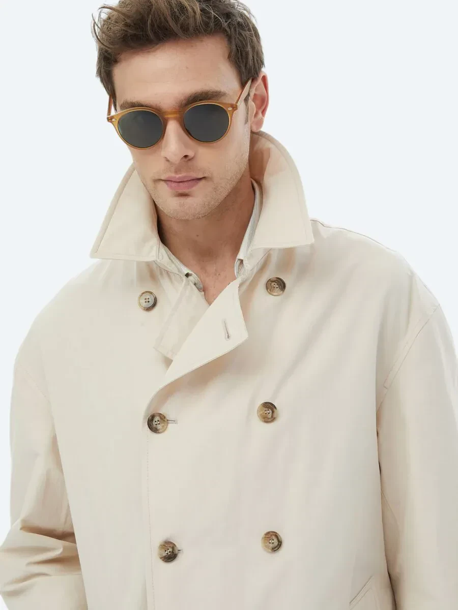 Açık Bej Oversize Fit Kruvaze Yaka Casual Dokuma Pardesü - 9