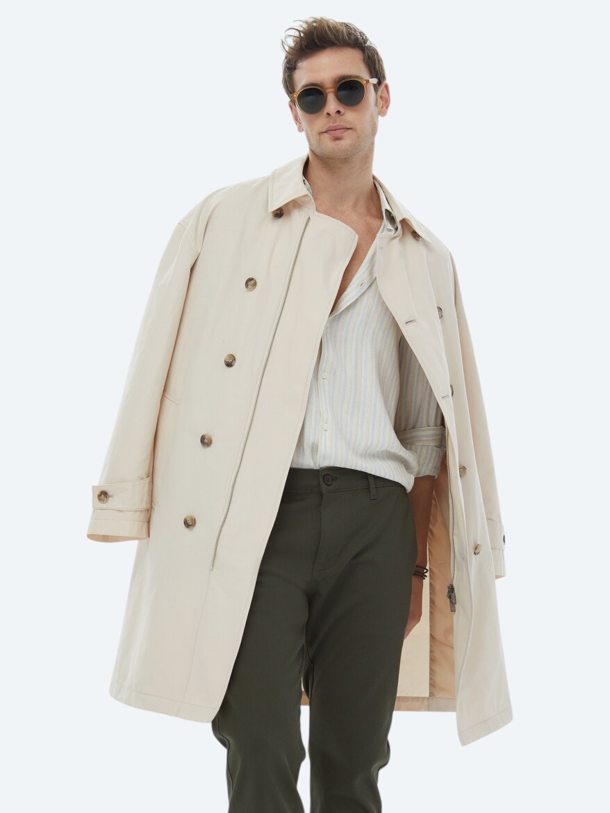 Açık Bej Oversize Fit Kruvaze Yaka Casual Dokuma Pardösü - 4