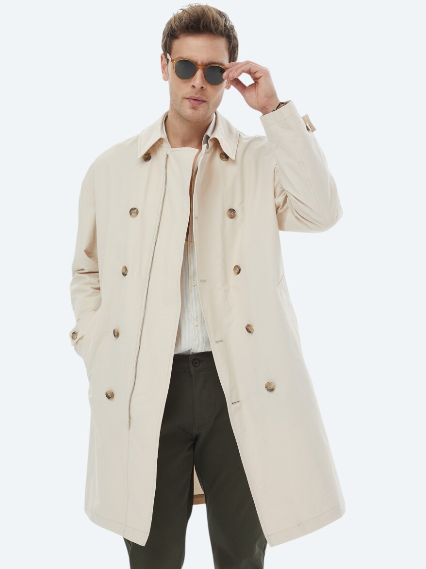 Açık Bej Oversize Fit Kruvaze Yaka Casual Dokuma Pardösü - 5