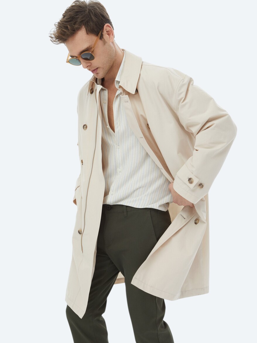 Açık Bej Oversize Fit Kruvaze Yaka Casual Dokuma Pardösü - 6