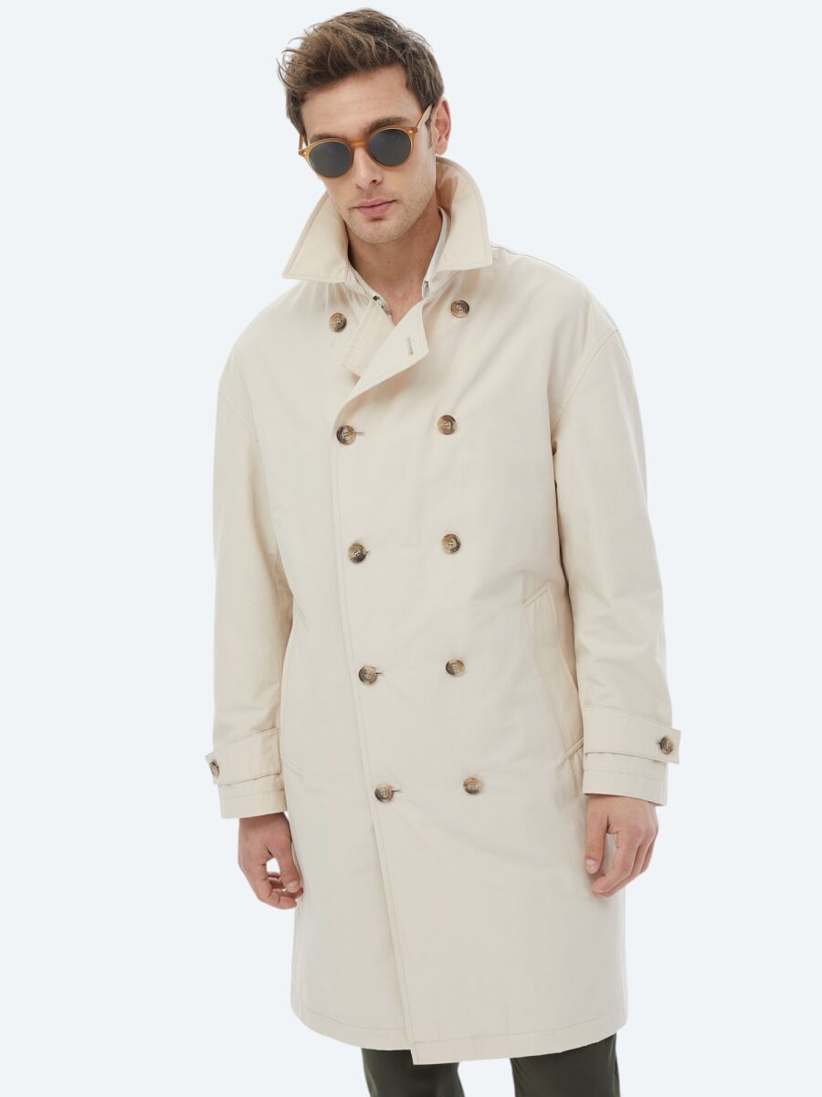 Açık Bej Oversize Fit Kruvaze Yaka Casual Dokuma Pardösü - 7