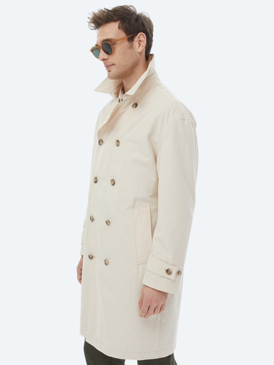 Açık Bej Oversize Fit Kruvaze Yaka Casual Dokuma Pardösü - 8