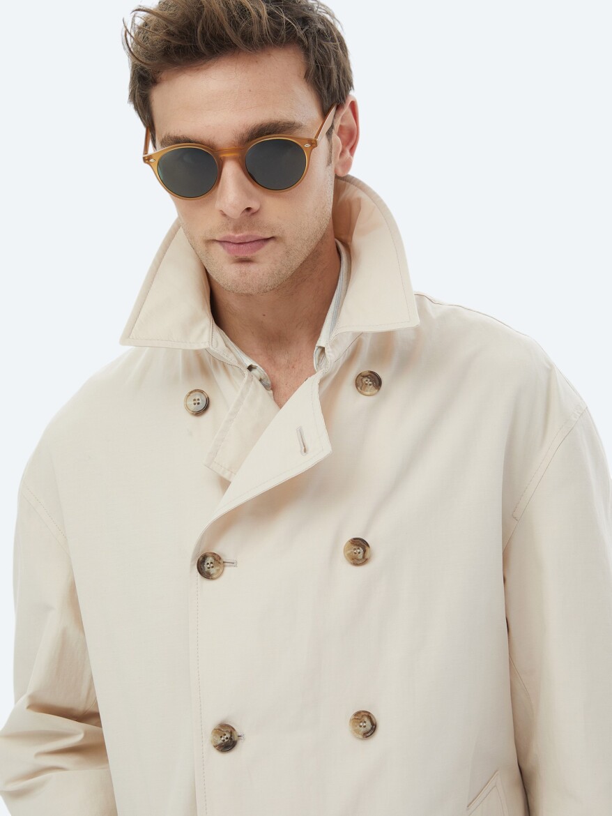 Açık Bej Oversize Fit Kruvaze Yaka Casual Dokuma Pardösü - 9