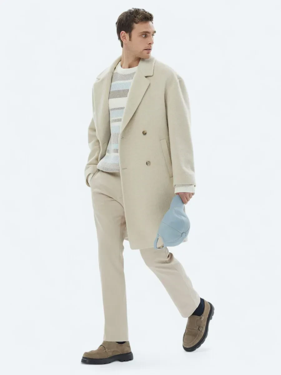Açık Bej Oversize Fit Kruvaze Yaka Klasik Dokuma Palto - 1