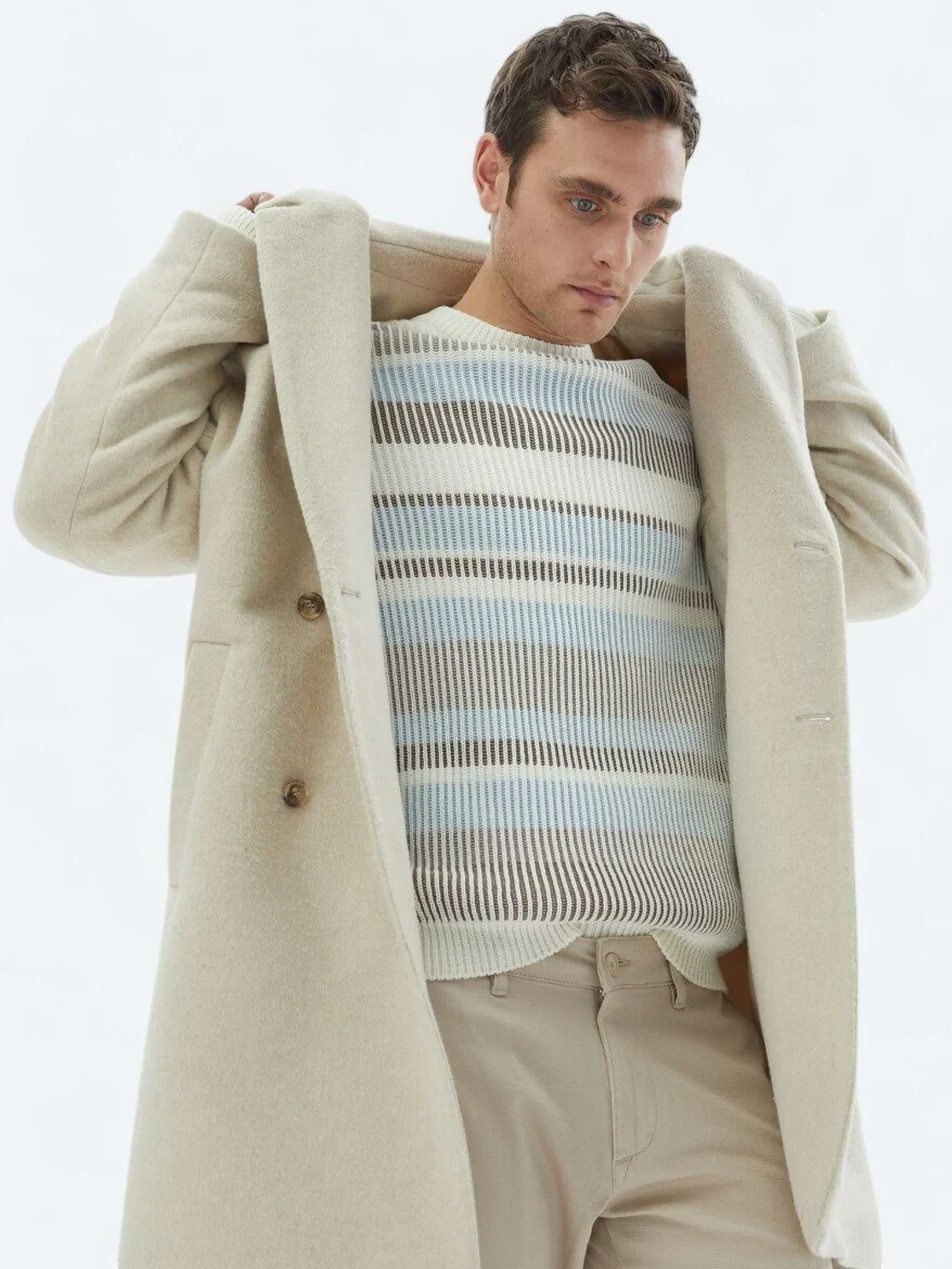 Açık Bej Oversize Fit Kruvaze Yaka Klasik Dokuma Palto - 3