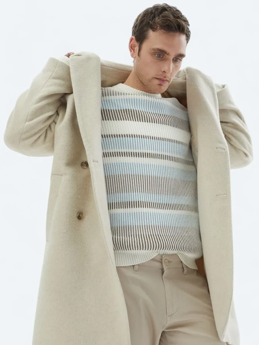 Açık Bej Oversize Fit Kruvaze Yaka Klasik Dokuma Palto - 3