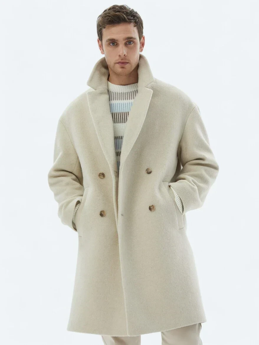 Açık Bej Oversize Fit Kruvaze Yaka Klasik Dokuma Palto - 4