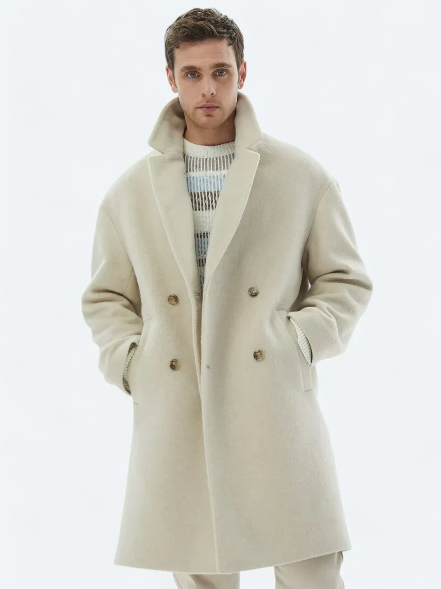 Açık Bej Oversize Fit Kruvaze Yaka Klasik Dokuma Palto - 4