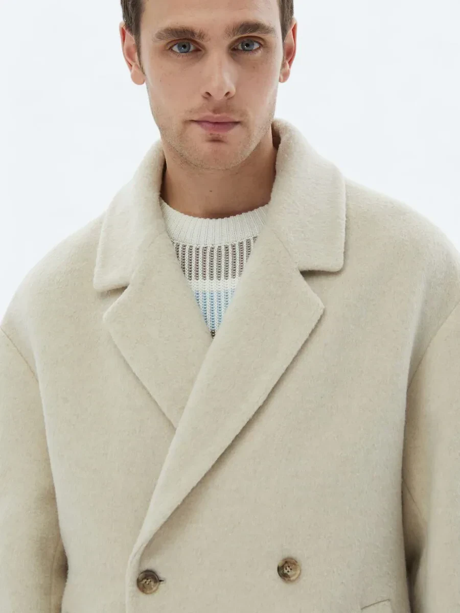 Açık Bej Oversize Fit Kruvaze Yaka Klasik Dokuma Palto - 7