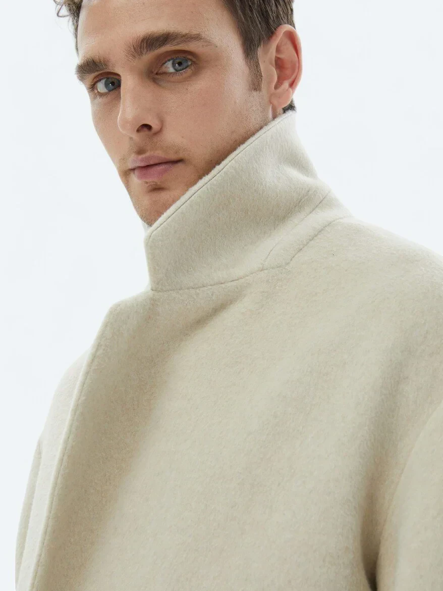 Açık Bej Oversize Fit Kruvaze Yaka Klasik Dokuma Palto - 8