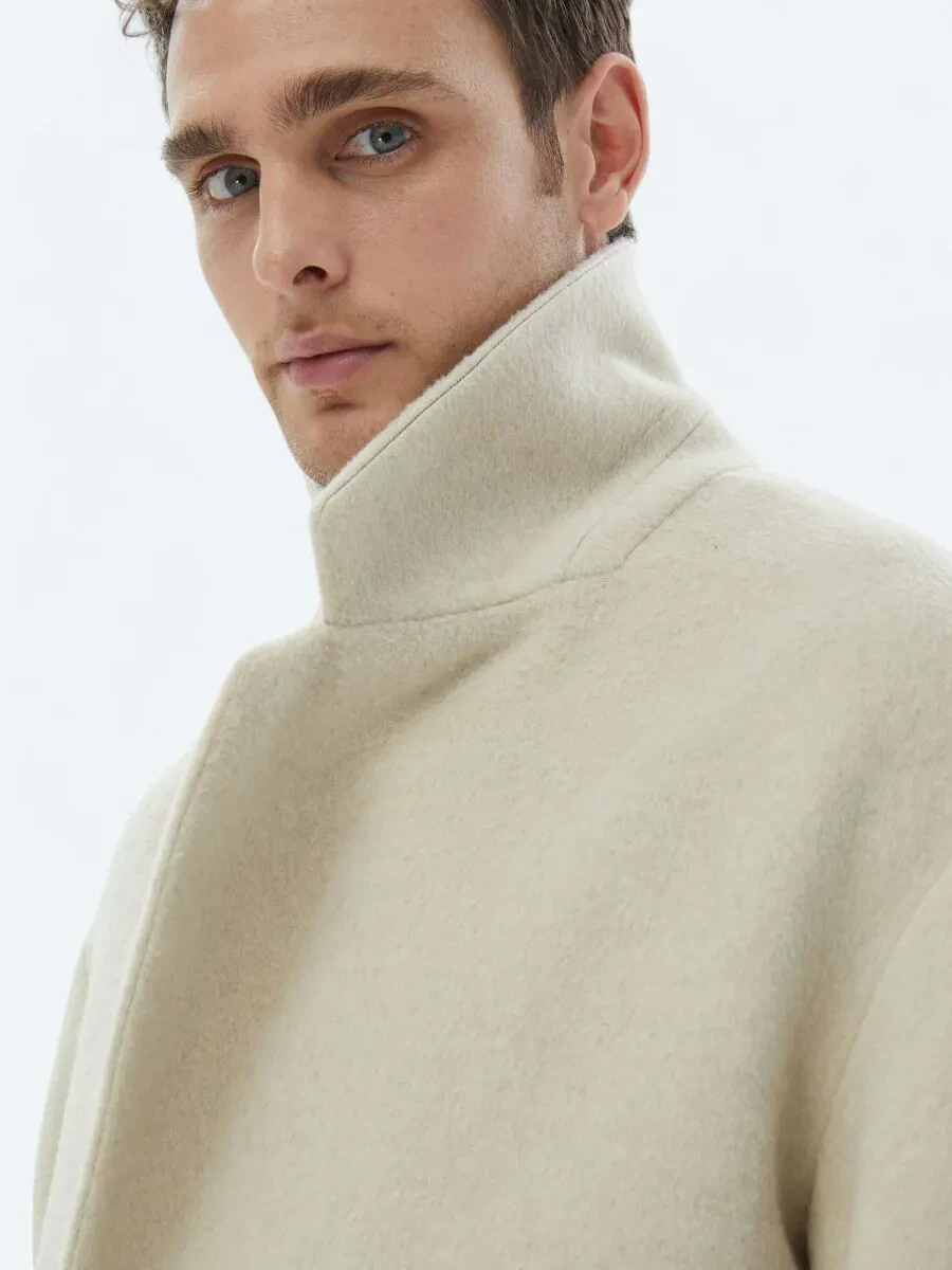 Açık Bej Oversize Fit Kruvaze Yaka Klasik Dokuma Palto - 8