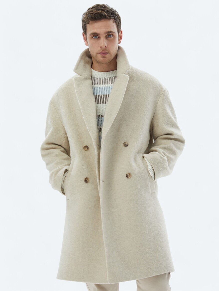 Açık Bej Oversize Fit Kruvaze Yaka Klasik Dokuma Palto - 4