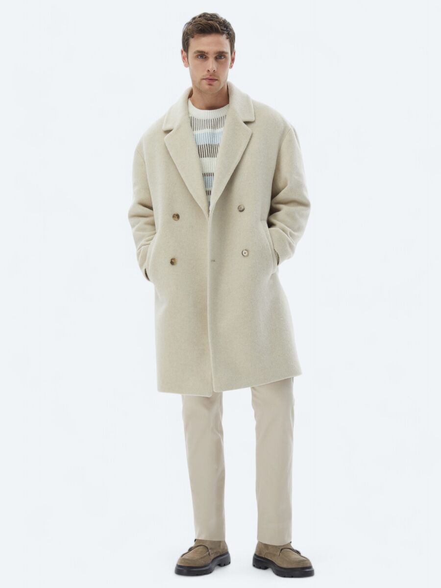 Açık Bej Oversize Fit Kruvaze Yaka Klasik Dokuma Palto - 5