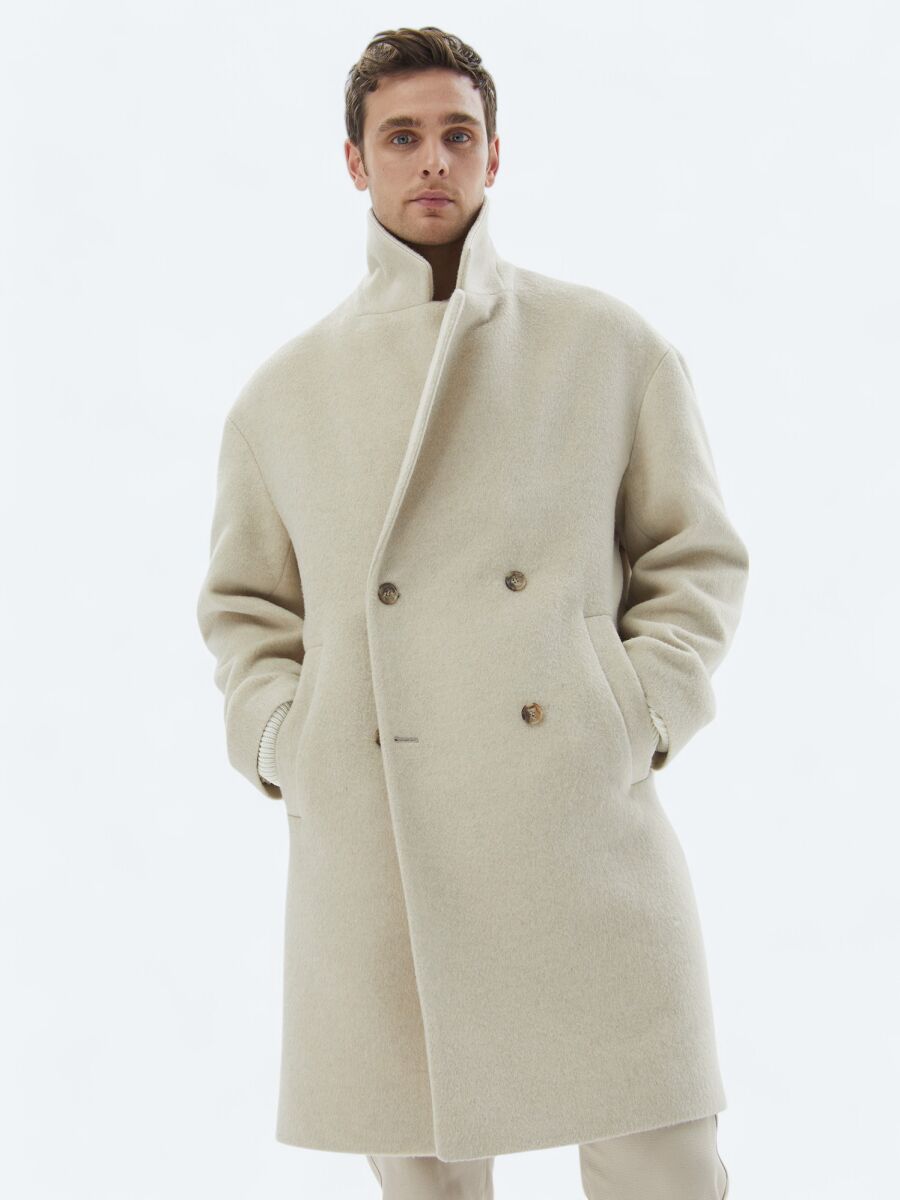 Açık Bej Oversize Fit Kruvaze Yaka Klasik Dokuma Palto - 6