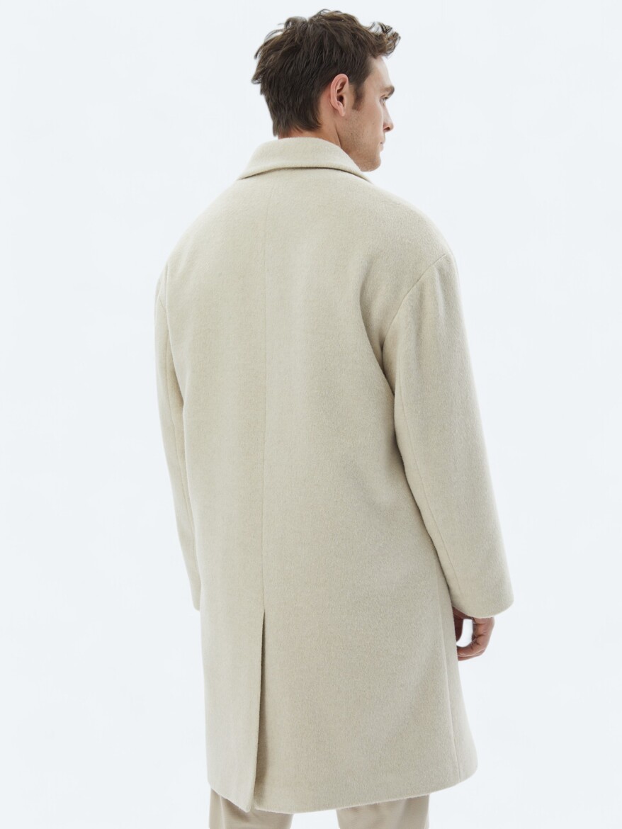 Açık Bej Oversize Fit Kruvaze Yaka Klasik Dokuma Palto - 9