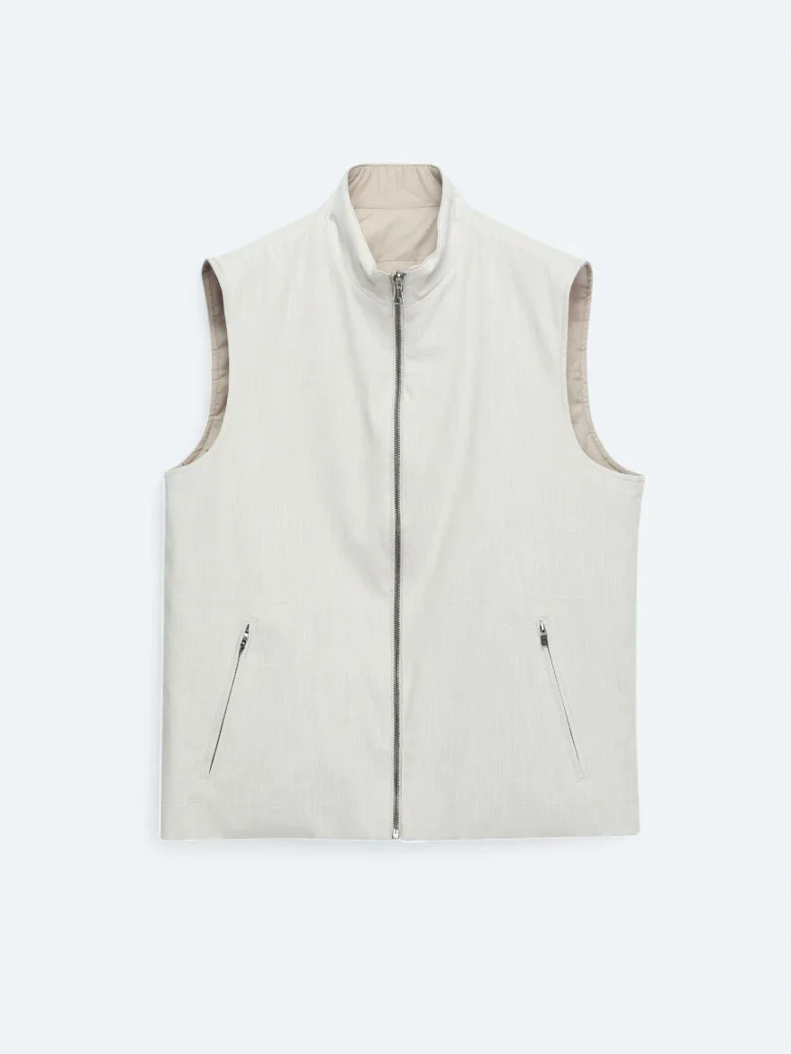 Açık Bej Regular Fit Dik Yaka Casual Dokuma Spor Yelek - 9