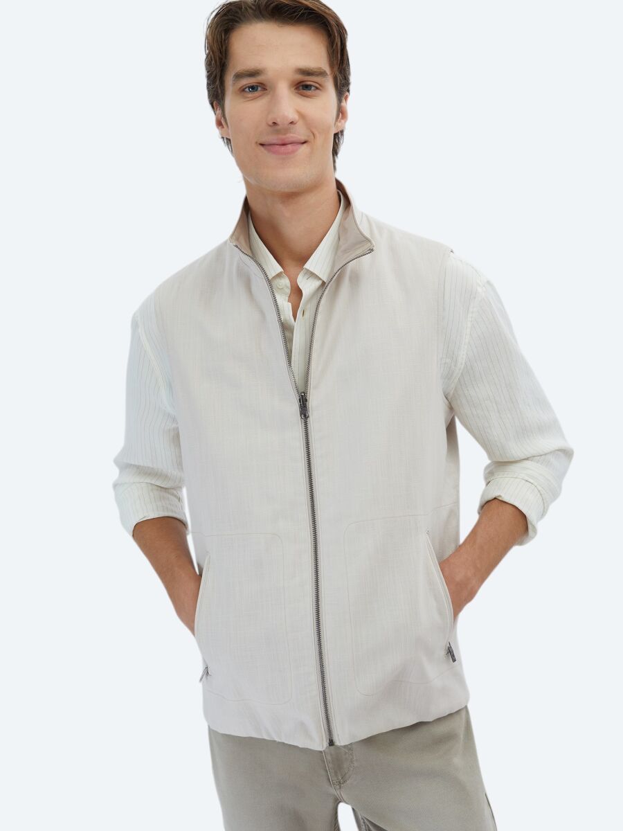 Açık Bej Regular Fit Dik Yaka Casual Dokuma Spor Yelek - 3