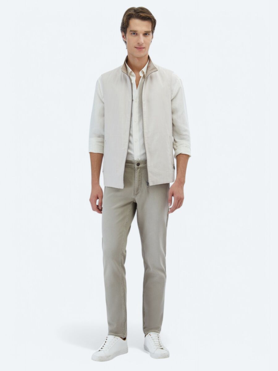 Açık Bej Regular Fit Dik Yaka Casual Dokuma Spor Yelek - 4