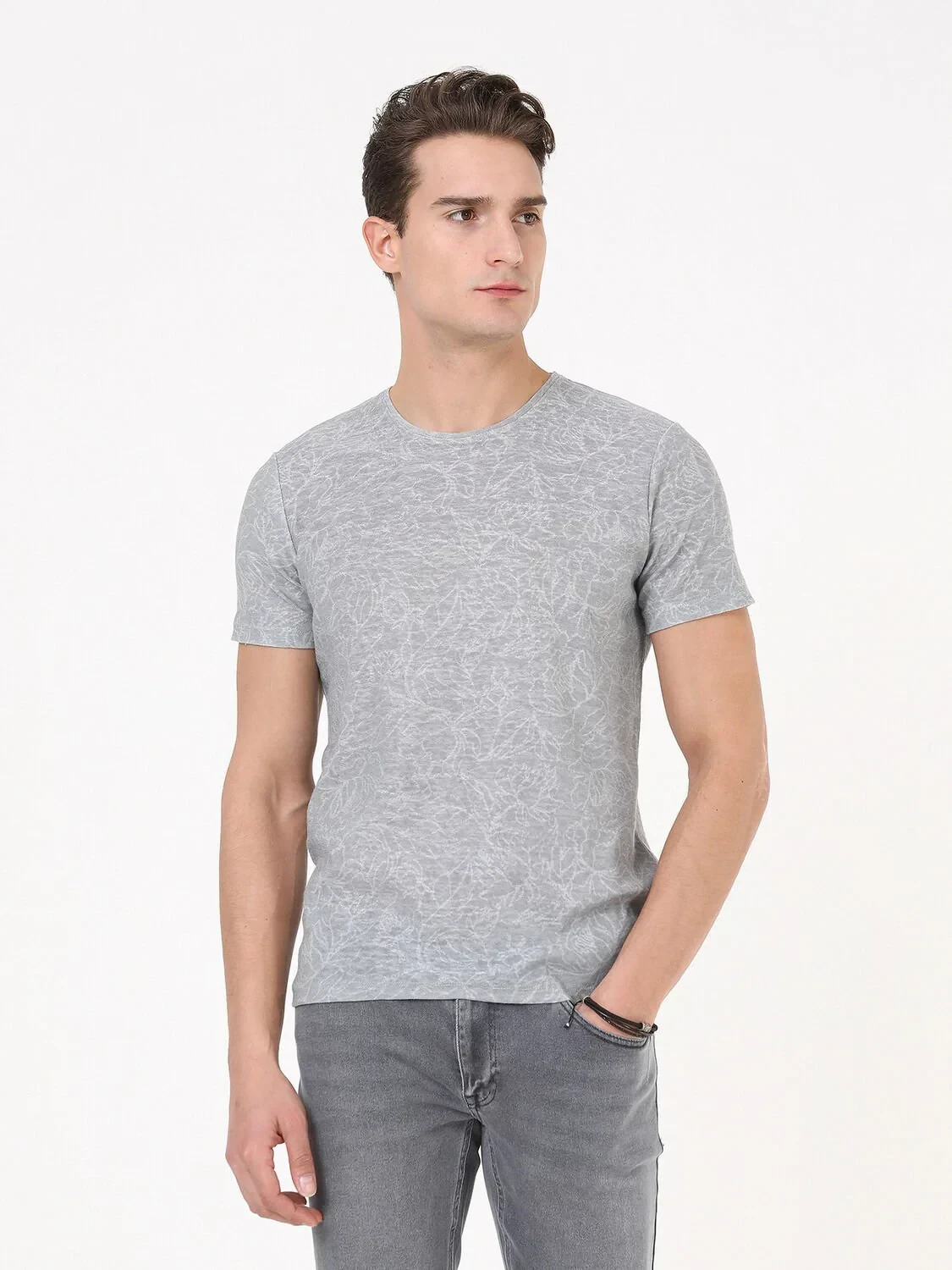 Açık Gri Baskılı Bisiklet Yaka Pamuk Karışımlı T-Shirt - 1