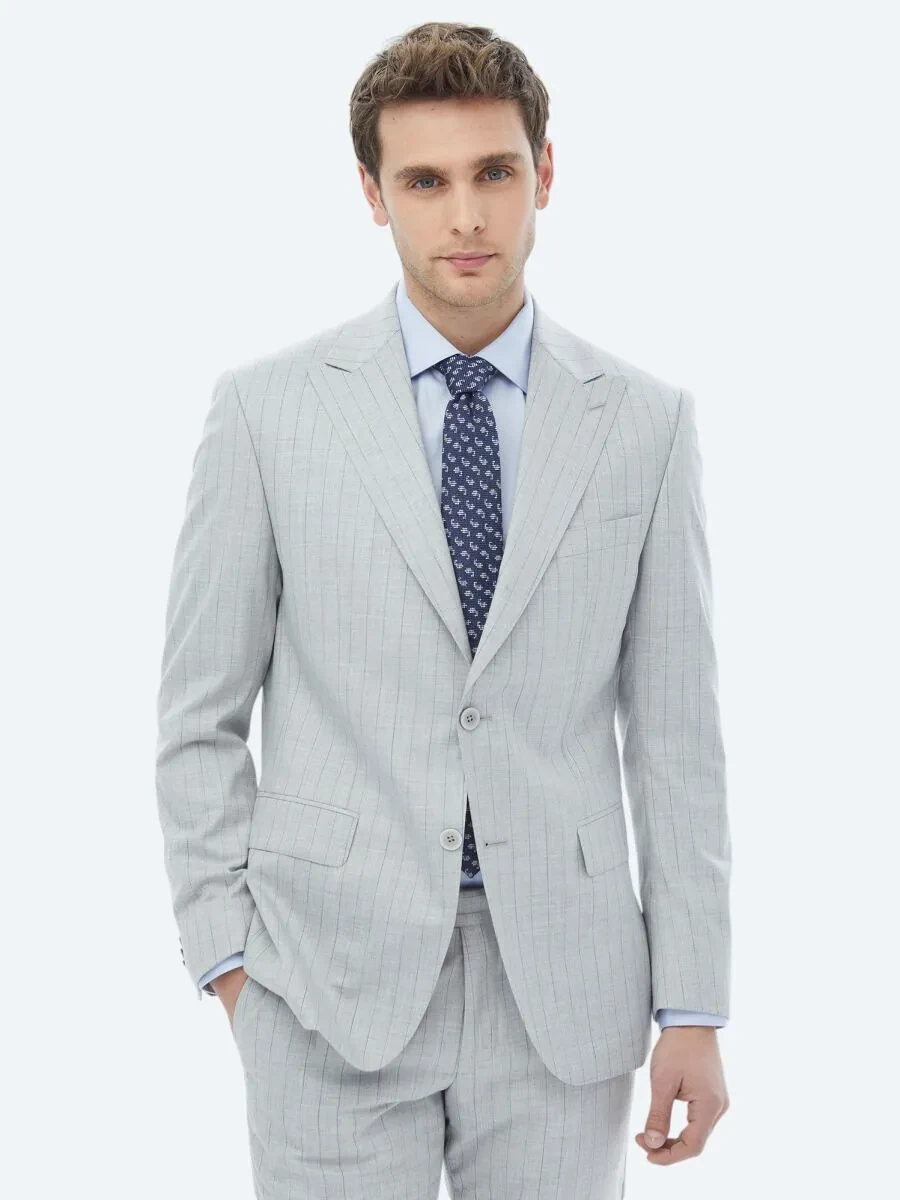 Açık Gri Çizgili Modern Fit Takım Elbise - 1