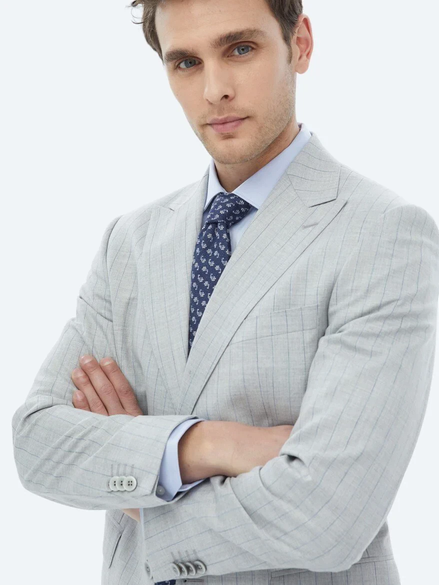 Açık Gri Çizgili Modern Fit Takım Elbise - 2