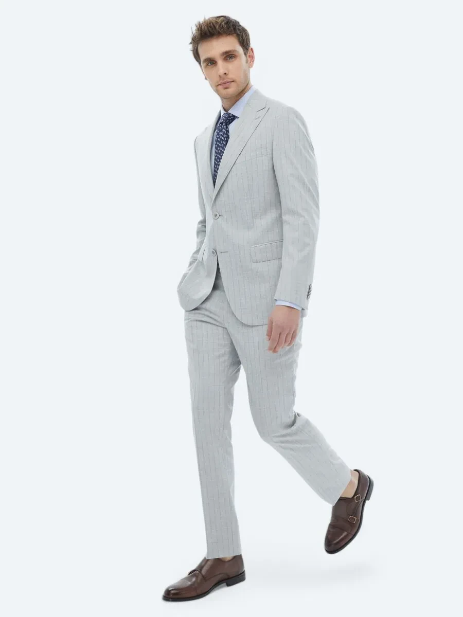Açık Gri Çizgili Modern Fit Takım Elbise - 3