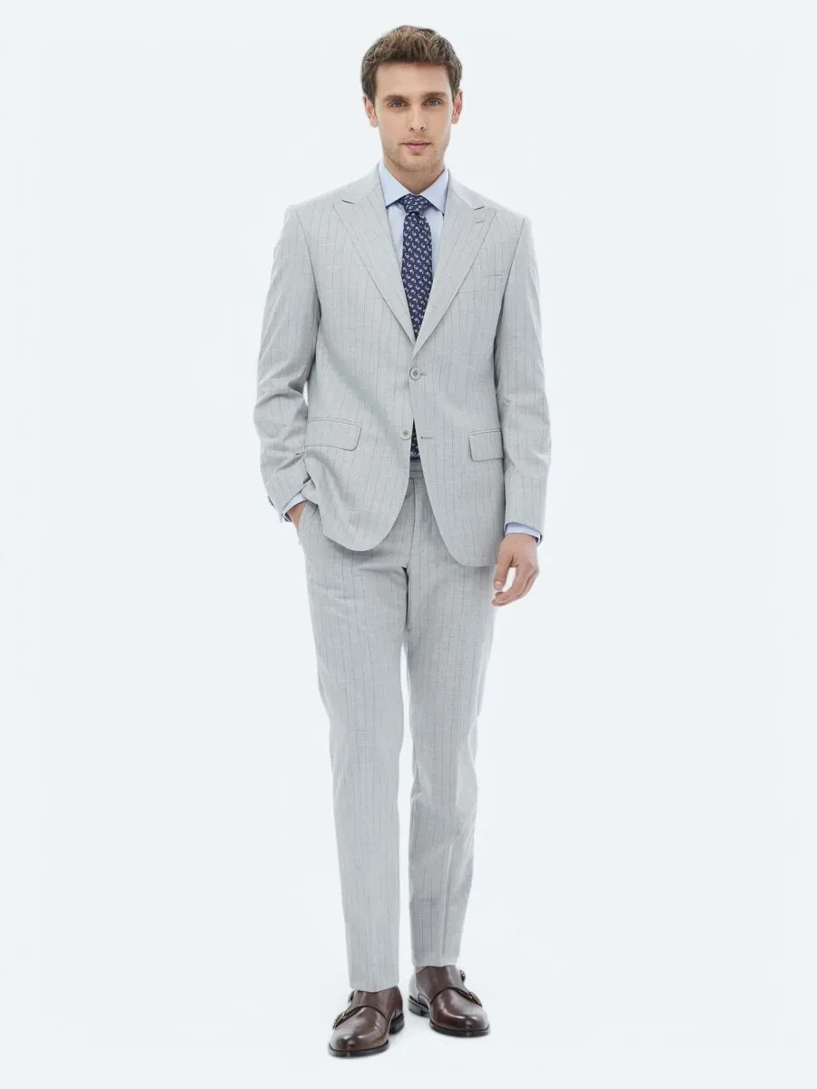 Açık Gri Çizgili Modern Fit Takım Elbise - 5
