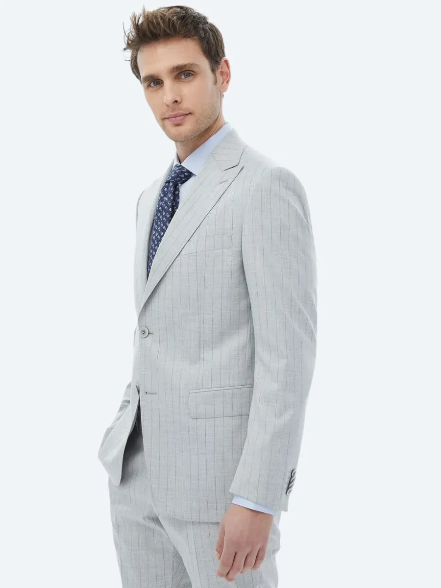 Açık Gri Çizgili Modern Fit Takım Elbise - 6